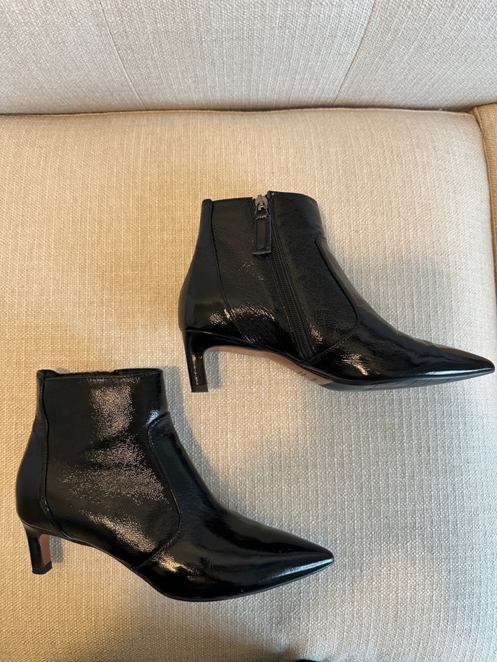 Aquatalia Black Patent Pointed Ankle Booties with Kitten Heel